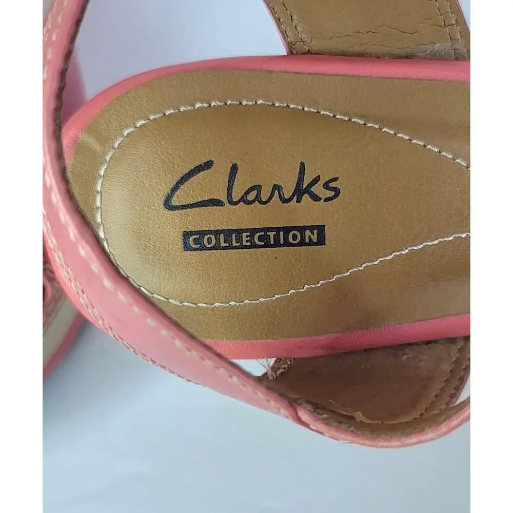 CLARKS Coral-Pink Zia Wedges Sandals with Gold Tone Buckle Women's Size 9M